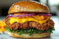 Crispy fried chicken sandwich with melted cheddar cheese, purple onion rings, and fresh lettuce on golden brioche bun, close-up view of gourmet fast food.