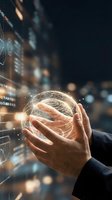 Hands holding glowing digital sphere with neural network patterns against blurred city lights, representing innovation, technology, artificial intelligence, and future business solutions.