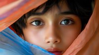 Young Asian girl with striking blue eyes peering through colorful fabric layers in warm orange and cool blue tones creating artistic portrait composition.
