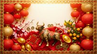 Lunar new year celebration with red lanterns, golden coins, ox figurine, blossoms and festive decorations on red background for holiday marketing.