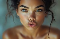 Close up portrait of young mixed race woman with natural makeup, plump lips and bright blue eyes against blurred turquoise background.