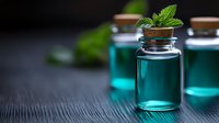 Small glass bottles with turquoise liquid and fresh mint leaves on dark wooden surface, selective focus. Aromatherapy and natural spa concept for wellness design.