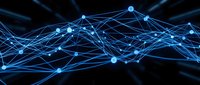 Abstract blue network connections with glowing nodes and lines representing digital technology, data transfer, and cyber communication systems on dark background.