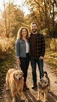 Happy couple walking with golden retriever and mixed breed dogs on autumn trail during golden hour sunset creating warm family portrait outdoors.