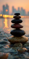 Balanced zen stones stacked on beach at sunset with city skyline and bokeh lights reflecting on water creating peaceful meditation atmosphere.