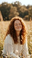 Young redhead woman with curly hair and freckles enjoying peaceful moment in golden autumn field wearing cozy knit sweater during warm sunset light.