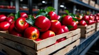Fresh red apples in wooden crates at farmers market. Ripe organic fruits with green leaves arranged in rustic boxes, selective focus on foreground produce.