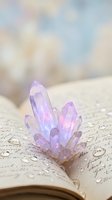 Purple amethyst crystal cluster on vintage handwritten book pages with soft bokeh background for spiritual healing and meditation practices.