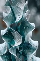 Abstract wavy forms in turquoise and white create flowing patterns with dotted textures and curved lines against blurred background, suitable for modern interior design.