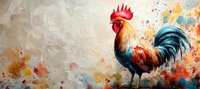 Vibrant rooster with colorful plumage stands proud against abstract watercolor background splashes in orange, blue and beige tones, artistic farm animal painting.