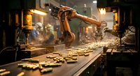 Industrial robotic arm welding metal components on automated production line with sparks flying in modern manufacturing facility.