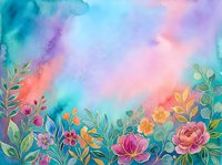 Watercolor floral border with vibrant blooms and foliage against soft gradient sky in turquoise, pink, and purple tones. Suitable for backgrounds, invitations, and design projects.