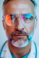 Close up portrait of mature male medical professional wearing transparent glasses illuminated by vibrant red and blue lighting, creating dramatic color contrast effect.