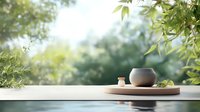 Minimalist tea ceremony setting with ceramic teapot on wooden tray against blurred green garden background, creating serene zen atmosphere for wellness and meditation.