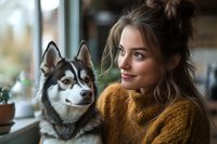 Young Caucasian woman in mustard sweater sitting near window with Siberian husky dog, sharing tender moment together. Natural light portrait captures bond between pet and owner.