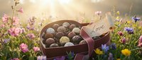 Heart-shaped box of assorted chocolates with a love note, surrounded by wildflowers in golden sunlight, perfect for Valentine's Day.