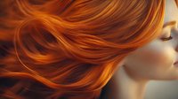 Flowing copper red hair with golden highlights cascading in waves, profile view of woman with closed eyes and natural makeup.