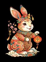 Decorative rabbit character with ornate floral patterns, holding lantern and bells, isolated on transparent background. Ready for t-shirts, stickers, clipart, sublimation, and print-on-demand designs.