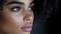 Young woman with medium skin tone and striking blue eyes gazes thoughtfully to the side. Her natural makeup features defined eyebrows and soft pink lips. Use for beauty, cosmetics, skincare, and wellness marketing materials.