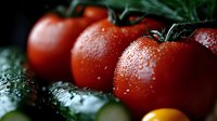Fresh ripe red tomatoes and green cucumber with water drops in dark moody setting, macro food photography for restaurant menu and healthy eating blogs.