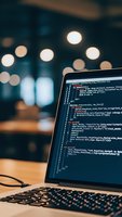 Laptop displaying programming code on screen with bokeh lights in background for software development and coding projects.