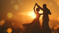Romantic couple dancing at sunset with warm golden light and bokeh effects creating dreamy atmosphere for wedding and love concepts.