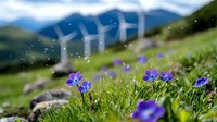 Wind turbines on mountain landscape with vibrant purple wildflowers blooming in foreground meadow, showcasing renewable energy and natural harmony in spring setting.