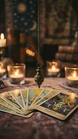 Mystical tarot card reading setup with ornate brass pendulum, glowing candles and esoteric atmosphere for fortune telling and spiritual guidance sessions.