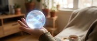 Person holding glowing holographic sphere with geometric patterns in cozy home interior showcasing futuristic technology and digital innovation concepts.