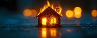 Glowing miniature house with warm light in windows against dark blue background with bokeh lights, creating magical cozy atmosphere and reflection on wet surface.