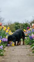 Adorable black and tan dachshund puppy exploring colorful spring garden path surrounded by blooming tulips, daffodils and hyacinths on sunny day.