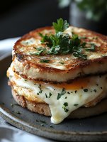Grilled cheese sandwich with fried egg and melted mozzarella, garnished with fresh parsley on rustic plate. Golden-brown toasted bread with cheese dripping down sides.