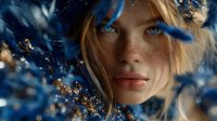 Young woman with freckles and striking blue eyes surrounded by blue and gold particles creating a magical atmosphere for fashion or beauty advertising.