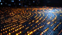 Abstract digital wave made of glowing orange and blue particles flowing in curved lines against dark background for technology and data visualization.