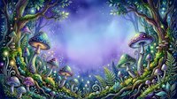 Enchanted forest clearing with glowing mushrooms, twisted trees, and magical purple sky, surrounded by lush vegetation and bioluminescent fungi creating a mystical woodland fantasy atmosphere.