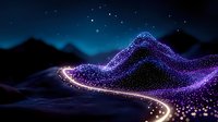 Digital particle wave flowing through cosmic landscape with glowing trail and starry night sky background for technology and data visualization concepts.