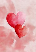 Watercolor red and pink hearts on soft blush background, romantic artistic illustration for Valentine's Day cards, wedding invitations, or love-themed designs.