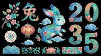 Colorful Chinese New Year rabbit clipart set with floral ornaments, lantern, clouds, and 2025 numerals, isolated on transparent background for sublimation and print on demand.