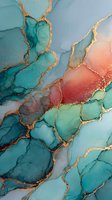 Abstract alcohol ink art with gold veining in turquoise, coral and teal colors creating organic flowing patterns for luxury interior design backgrounds.