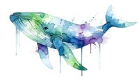 Watercolor whale with vibrant blue green purple splashes and drips on white background. Marine mammal art for ocean themed designs and decor.