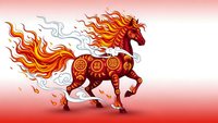 Fiery red horse with flames and traditional Chinese symbols galloping on gradient background for lunar new year celebrations and cultural designs.