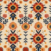 Seamless folk art floral pattern with orange and navy blooms on beige background. Traditional ornamental design with symmetrical flower motifs repeats perfectly.