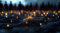 Glowing candles create atmospheric illumination on dark textured surface with bokeh lights in background, moody evening ambiance for spiritual or memorial settings.