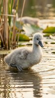 Young swan cygnet swimming in peaceful pond water among reeds and lily pads in natural wetland habitat during golden hour sunlight.