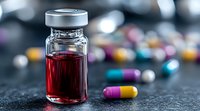 Medical vial with red liquid medicine and colorful capsule pills scattered on dark surface against blurred pharmacy background.