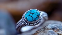 Vintage style silver ring with oval turquoise stone and crystal accents captured in soft focus macro photography against natural stone background.