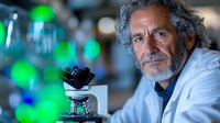 Senior male scientist with gray curly hair and beard in white lab coat examining samples through microscope in research laboratory with glowing green bokeh lights.