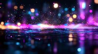 Magical night scene with glowing bokeh lights reflecting on wet surface, creating dreamy atmosphere with purple and blue neon illumination and sparkling particles.