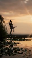 Romantic couple silhouette embracing at sunset lake with rainbow, man lifting woman among reeds and lily pads creating dreamy golden hour atmosphere.