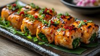 Grilled salmon rolls with teriyaki glaze garnished with green onions and sesame seeds on banana leaf, served on dark ceramic plate, close up view of Asian fusion cuisine.